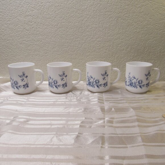 Vintage Arcopal Coffee Tea Cup Mugs Glenwood Blue White Floral Set of 4 France - Picture 1 of 16